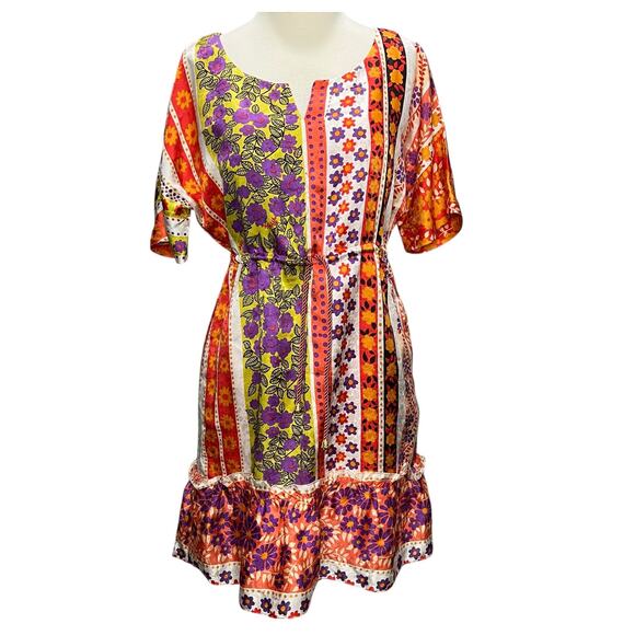 Phoebe Couture Dress 2 Orange Multi Floral Silk Drawstring Boho Chic Eclectic - Picture 1 of 13